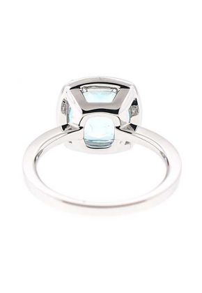Cushion Cut Aquamarine Right Hand Fashion Ring with Diamond Halo Set in 18K White Gold