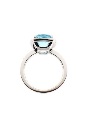 Cushion Cut Aquamarine Right Hand Fashion Ring with Diamond Halo Set in 18K White Gold