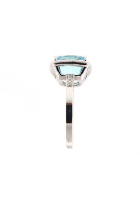 Cushion Cut Aquamarine Right Hand Fashion Ring with Diamond Halo Set in 18K White Gold