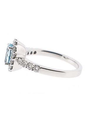Aquamarine Oval Right Hand Fashion Ring with Diamond Halo in 18K White Gold