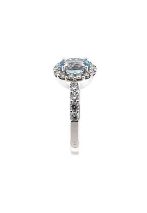 Aquamarine Oval Right Hand Fashion Ring with Diamond Halo in 18K White Gold