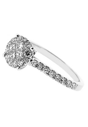 Cluster Style Engagement Ring with Princess Cut and Round Diamonds Set in 18k White Gold