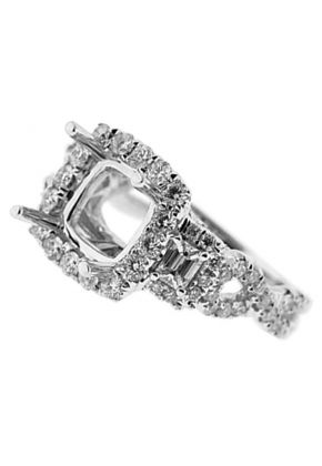3 Stone Look Square Halo Twist Shank Diamond Semi Mount Engagement Ring 14kt White Gold