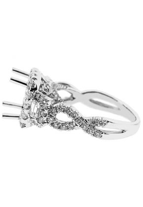 3 Stone Look Square Halo Twist Shank Diamond Semi Mount Engagement Ring 14kt White Gold