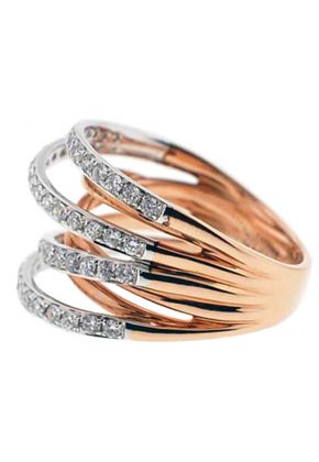 Two Toned 7 Row Crossover Style Ring with Overlapping Rows of Diamonds in 14K Rose and White Gold