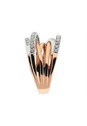 Two Toned 7 Row Crossover Style Ring with Overlapping Rows of Diamonds in 14K Rose and White Gold