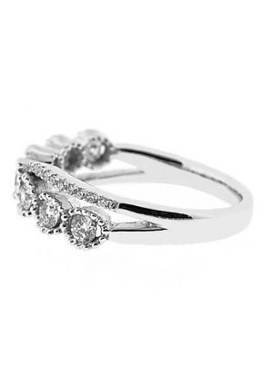 Crossover Style Right Hand Fashion Ring with Bezel Set Diamonds Surrounded by Beaded Milgrain in 18K White Gold