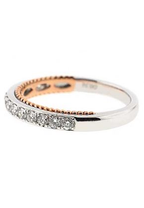 Single Row Micro-Prong Set Band with Round Diamonds in 18k White Gold and Beaded Milgrain in 18k Rose Gold