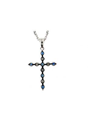 Cross Pendant with Sapphire and Diamond Rounds Set in 18K White Gold