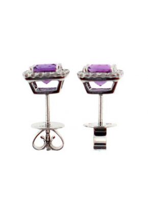 Cushion Cut Amethyst Post Back Stud Earrings with Single Diamond Halo Set in 18K White Gold