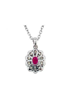 Ruby Pendant with Prong Set Diamond Rounds Halo in 18K White Gold