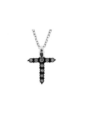 Cross Pendant with Double Row Prong Set Diamond Rounds in 18k White Gold