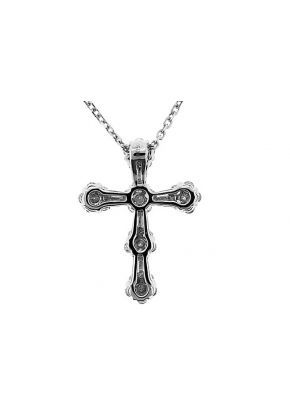 Cross Pendant with Clusters of Diamond Rounds Connected by Diamond Baguettes in 18k White Gold