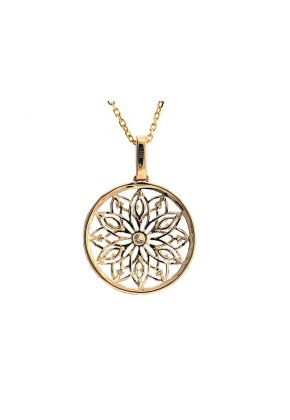 Round Pendant with Marquise Diamonds & Beaded Milgrain in a Flower Design Surrounded by Halo of Diamond Rounds in 18k Yellow Gold