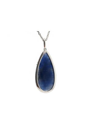 Drop Shaped Blue Sapphire Polki Pendant with Halo of Diamonds Set in 14k White Gold