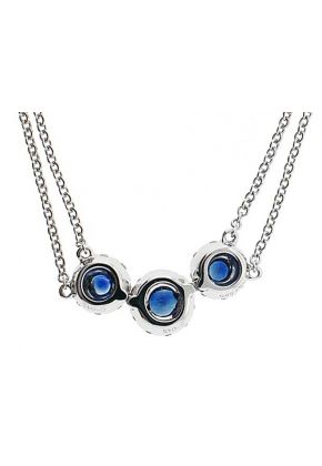 3 Stone Sapphire Necklace with Diamond Halos Around Each in 14K White Gold
