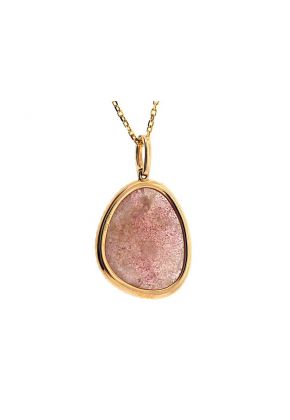 Pendant with Strawberry Quartz Polki Surrounded by Diamond Rounds Set in 14k Yellow Gold