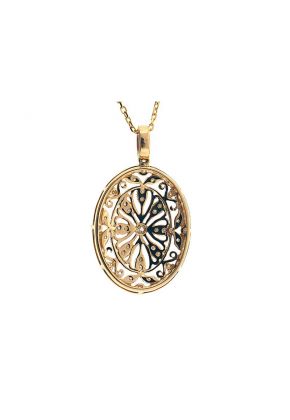 Oval Pendant with Decorative Filigree and Diamond Rounds Set in 18k Yellow Gold