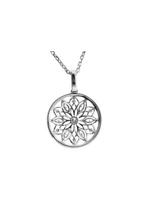 Round Pendant with Marquise Diamonds & Beaded Milgrain in a Flower Design Surrounded by Halo of Diamond Rounds in 18k White Gold