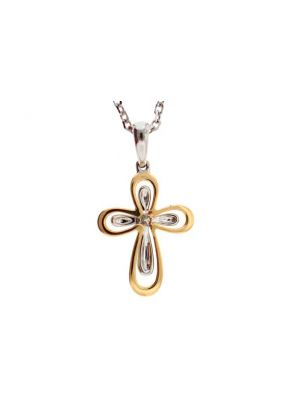 Two Tone Cross Pendant with Diamond Rounds Set in 18k White Gold Outlined by 18k Rose Gold