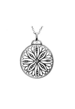 Princess Cut Center Pendant Surrounded by Diamond Rounds and Beaded Milgrain in a Flower Design of 18k White Gold