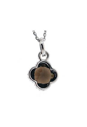 Clover Shaped Smoky Topaz Pendant with Single Diamond Halo Set in 18K White Gold