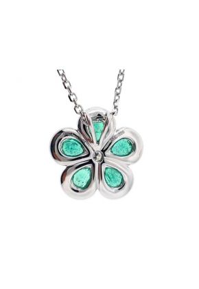 Drop Shaped Emeralds and Diamond Rounds in 18K White Gold Flower Pendant with Beaded Milgrain Engraved