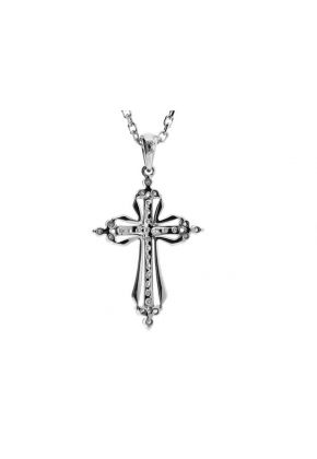 Cross Pendant with Diamond Rounds and a Ribbon Design Outline in 18K White Gold