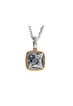 Two Tone Square Pendant with Cluster of Diamonds in 18k White Gold Bordered by Diamond Halo in 18k Yellow Gold