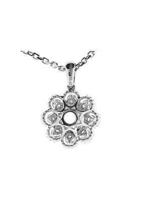 Solitaire Pendant with a Flower Design of Diamond Rounds Traced by Beaded Milgrain and Set in 18k White Gold