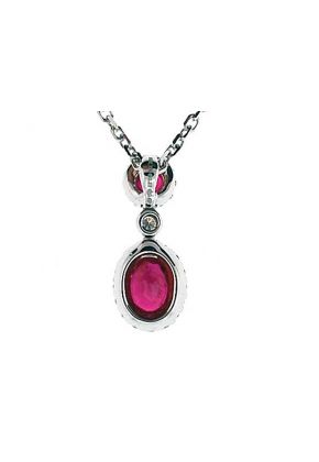2 Stone Ruby Pendant with Bezel Set Diamond in Between and Halos on Each Set in 18K White Gold