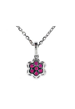 Ruby and Diamond Flower Pendant with a Border of Beaded Milgrain Set in 18K White Gold