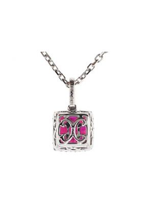 Square Ruby Pendant with Single Diamond Halo Set in 18K White Gold