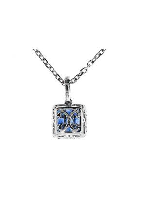 Square Sapphire Pendant with Single Diamond Halo Set in 18K White Gold