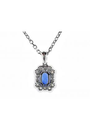 Pendant with Sapphire Center Surrounded by Diamond Rounds and Beaded Milgrain in 18K White Gold