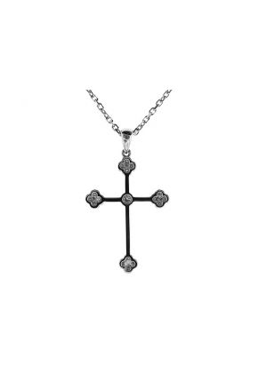 Cross Pendant with Clover Shaped Tips of Bezel Set Diamond Rounds Connected by Beaded Milgrain in 18k White Gold