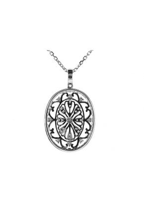 Oval Shaped Pendant with Decorative Diamond Rounds and Beaded Milgrain Filigree in 18k White Gold