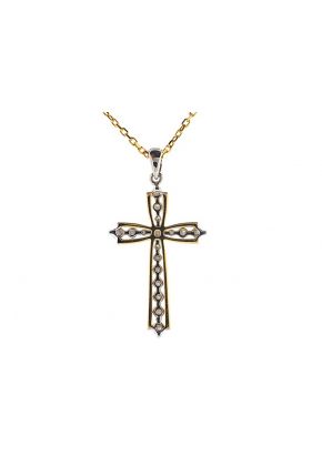 Two Tone Cross Pendant with Diamond Rounds Set in 18k White Gold Bordered by Solid 18K Yellow Gold