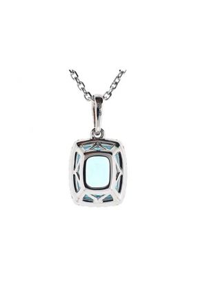Rectangle Cushion Cut Aquamarine Solitaire Pendant with Single Diamond Halo Set in 18K White Gold