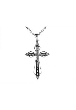 Cross Pendant with Diamond Rounds and a Bezel Set Center Set in 18k White Gold Decorated with Beaded Milgrain