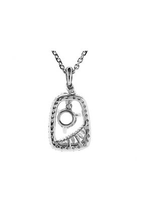 Halo Style Pendant with Inner Border of Beaded Milgrain Between Round and Baguette Diamonds Set in 18k White Gold