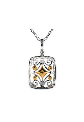 Two Tone Rectangle Pendant with Fancy Yellow Diamonds, Diamond Rounds, and Decorative Filigree in 18k White and Yellow Gold