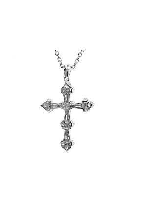 Cross Pendant with Paired Diamond Rounds Connects by Diamond Baguettes in 18k White Gold