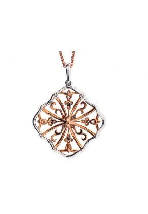 Fancy Two Tone Filigree Pendant with Beaded Milgrain and Diamond Rounds Set in 18k White and Rose Gold