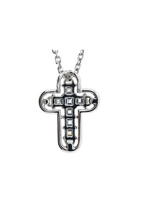 Cross Pendant with Diamond Baguettes Bordered by Diamond Rounds in 18k White Gold