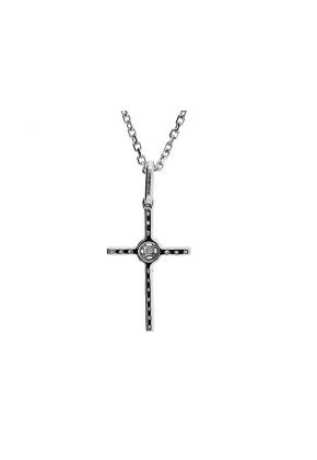Cross Pendant with a Halo Center and Diamond Rounds Set in 18k White Gold