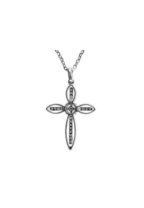 Cross Pendant with Halo Style Center and Diamond Rounds Traced by Solid 18k White Gold