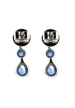 Drop Sapphire Dangling Earrings with Diamond Halos in 18k White Gold