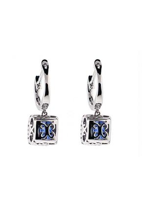 Square Sapphire Dangling Hoop Earrings with Diamond Halo in 18k White Gold