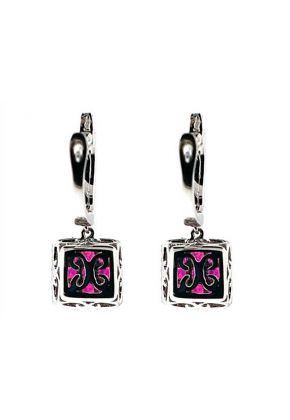 Square Ruby Dangling Hoop Earrings with Diamond Halo in 18k White Gold